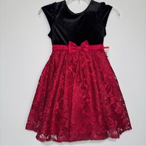 Jona Michelle Girls Size 6 Elegant Black and Red Velour Top Lace Bottom Dress